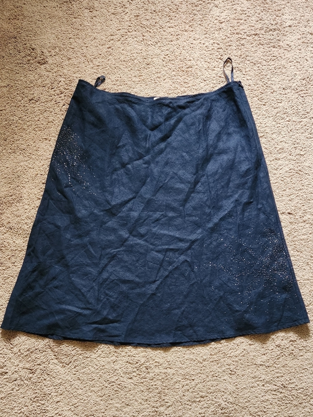 Eileen Fisher Navy Blue 100% Irish Linen A-Line Skirt Embellished Beaded L